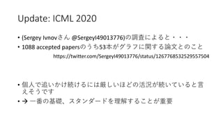 Update: ICML 2020
• (Sergey Ivnovさん @SergeyI49013776)の調査によると・・・
• 1088 accepted papersのうち53本がグラフに関する論文とのこと
• 個人で追いかけ続けるには厳...