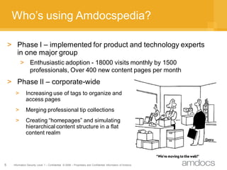 Who’s using Amdocspedia?

    > Phase I – implemented for product and technology experts
      in one major group
          > Enthusiastic adoption - 18000 visits monthly by 1500
            professionals, Over 400 new content pages per month
    > Phase II – corporate-wide
      >        Increasing use of tags to organize and
               access pages
      >        Merging professional tip collections
      >        Creating “homepages” and simulating
               hierarchical content structure in a flat
               content realm




5    Information Security Level 1 – Confidential © 2008 – Proprietary and Confidential Information of Amdocs
 