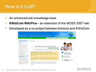 How is it built?

    > An enhanced wiki knowledge base
    > KWizCom WikiPlus - an extension of the MOSS 2007 wiki
    > Developed as a co-project between Amdocs and KWizCom




6   Information Security Level 1 – Confidential © 2008 – Proprietary and Confidential Information of Amdocs
 