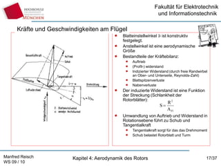 Fakultät für Elektrotechnik
und Informationstechnik
Manfred Reisch
WS 09 / 10
Kapitel 4: Aerodynamik des Rotors 17/37
Blat...