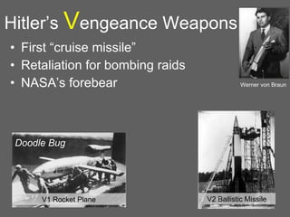 Hitler’s  V engeance Weapons First “cruise missile” Retaliation for bombing raids NASA’s forebear V1 Rocket Plane V2 Ballistic Missile Werner von Braun Doodle Bug 