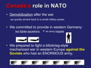 Canada’s  role in NATO Demobilization  after the war   we quickly shrank back to a small military power. We committed to provide in western Germany: two fighter squadrons  +  an army  brigade   We prepared to fight a blitzkrieg-style mechanized war in western Europe  against the Soviets  who had an ENORMOUS army . 