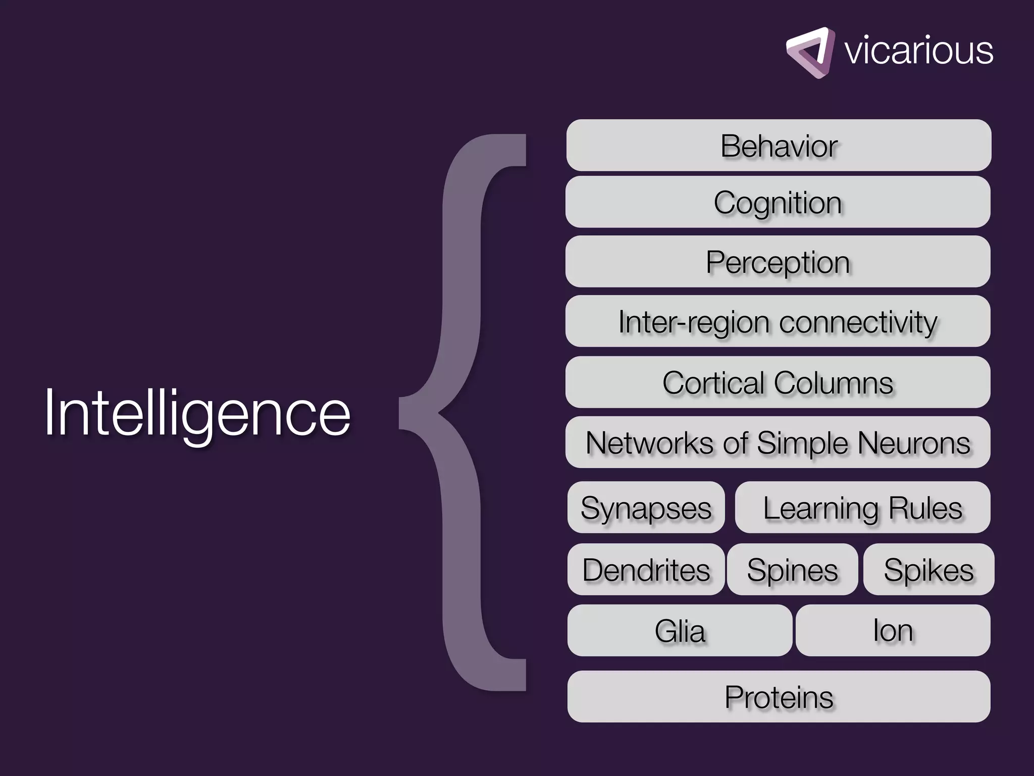 {
                           Behavior
                           Cognition
                       Perception
                 Inter-region connectivity
                    Cortical Columns
Intelligence   Networks of Simple Neurons

               Synapses       Learning Rules
               Dendrites     Spines    Spikes
                    Glia               Ion

                           Proteins
 