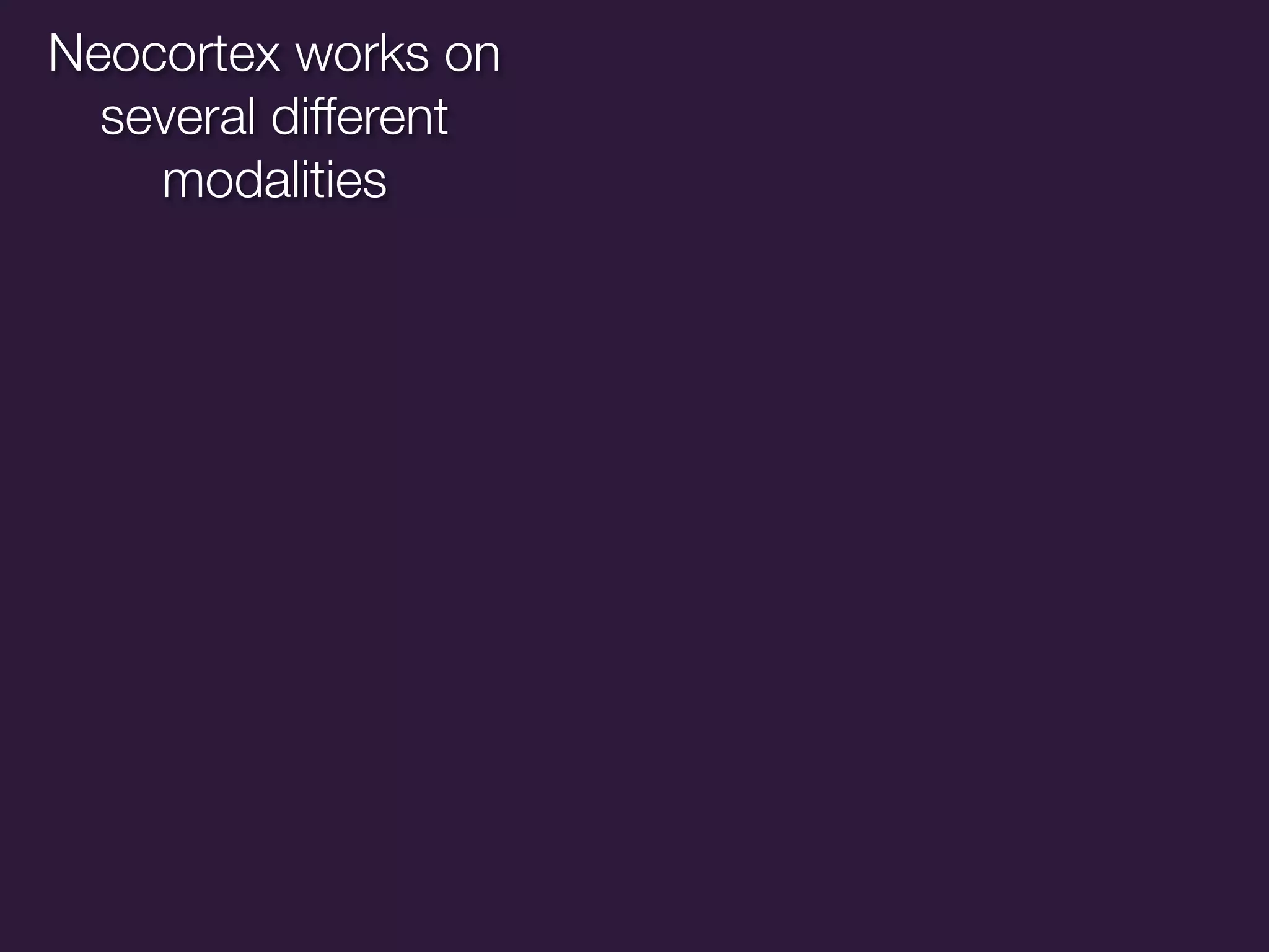 Neocortex works on
  several different
    modalities
 