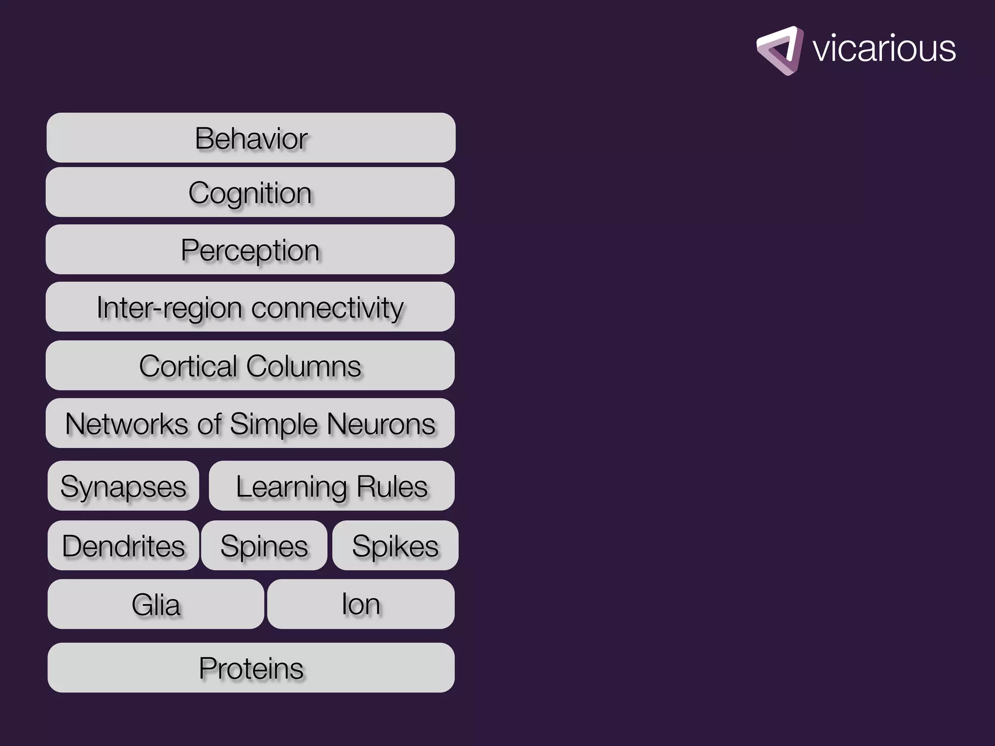 Behavior
            Cognition
        Perception
  Inter-region connectivity
     Cortical Columns
Networks of Simple Neurons

Synapses       Learning Rules
Dendrites     Spines    Spikes
     Glia               Ion

            Proteins
 