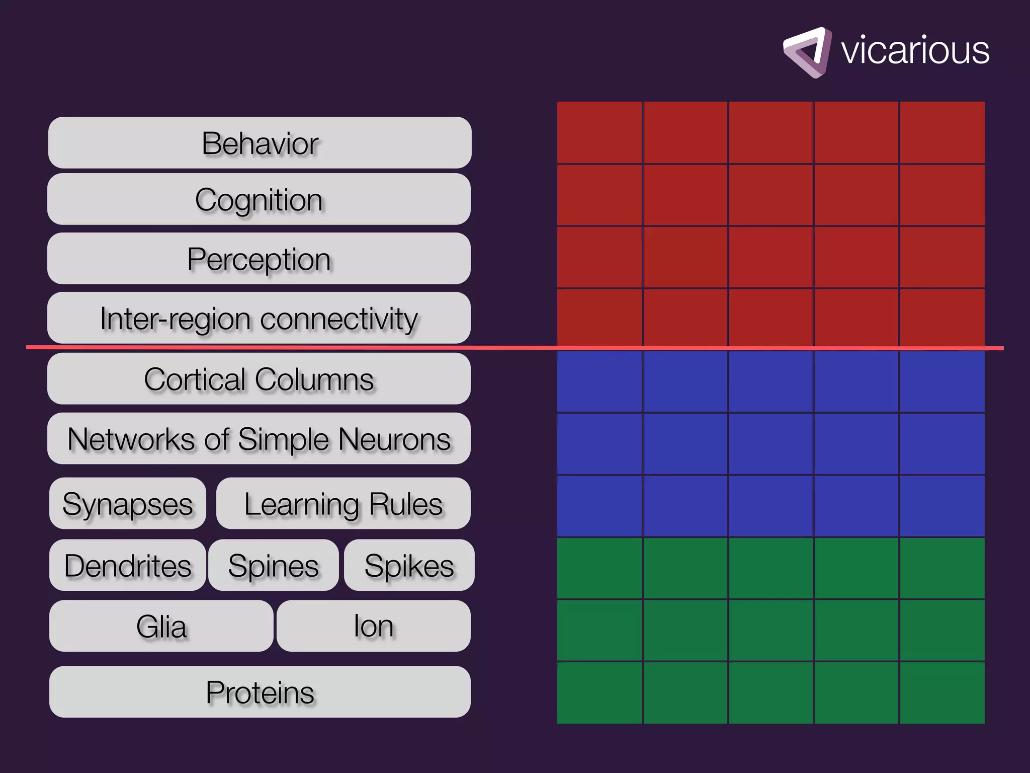Behavior
            Cognition
        Perception
  Inter-region connectivity
     Cortical Columns
Networks of Simple Neurons

Synapses       Learning Rules
Dendrites     Spines    Spikes
     Glia               Ion

            Proteins
 