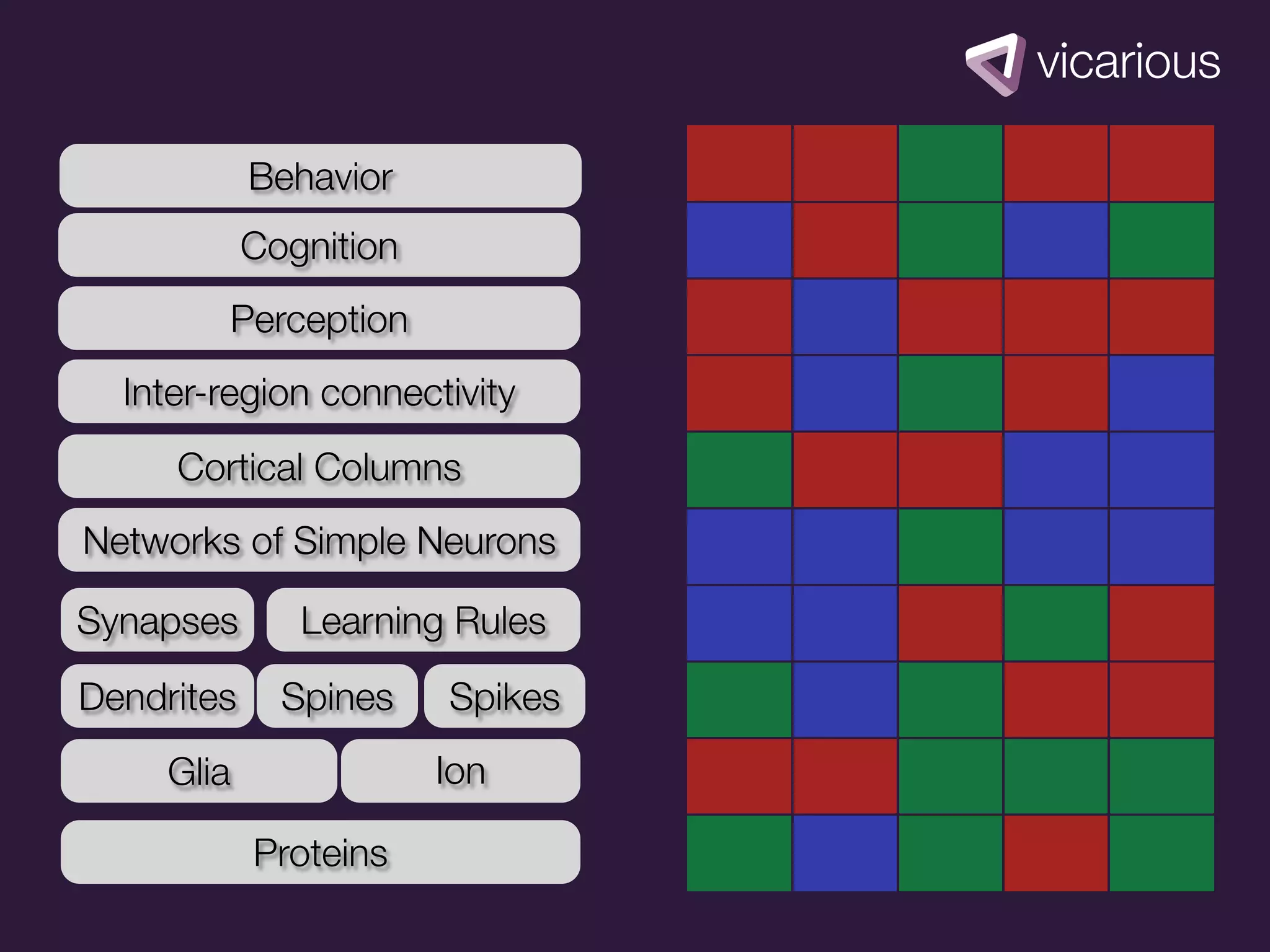 Behavior
            Cognition
        Perception
  Inter-region connectivity
     Cortical Columns
Networks of Simple Neurons

Synapses       Learning Rules
Dendrites     Spines    Spikes
     Glia               Ion

            Proteins
 