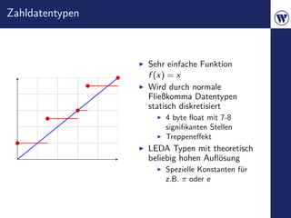 Zahldatentypen



                 Sehr einfache Funktion
                 f (x) = x
                 Wird durch normale
                 Fließkomma Datentypen
                 statisch diskretisiert
                     4 byte ﬂoat mit 7-8
                     signiﬁkanten Stellen
                     Treppeneﬀekt
                 LEDA Typen mit theoretisch
                 beliebig hohen Auﬂ¨sung
                                   o
                     Spezielle Konstanten f¨r
                                           u
                     z.B. π oder e
 