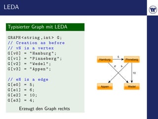 LEDA


 Typisierter Graph mit LEDA
 GRAPH < string , int > G ;
 // Creation as before
 // vN is a vertex
 G [ v0 ] = " Hamburg " ;
 G [ v1 ] = " Pinneberg " ;
 G [ v2 ] = " Wedel " ;
 G [ v3 ] = " Appen " ;

 // eN      is a edge
 G [ e0 ]   = 5;
 G [ e1 ]   = 6;
 G [ e2 ]   = 10;
 G [ e3 ]   = 4;
       Erzeugt den Graph rechts
 