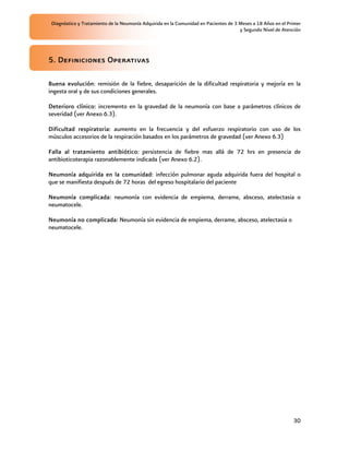 Diagnóstico y Tratamiento de la Neumonía Adquirida en la Comunidad en Pacientes de 3 Meses a 18 Años en el Primer
                                                                                      y Segundo Nivel de Atención




5. Definiciones Operativas

Buena evolución: remisión de la fiebre, desaparición de la dificultad respiratoria y mejoría en la
ingesta oral y de sus condiciones generales.

Deterioro clínico: incremento en la gravedad de la neumonía con base a parámetros clínicos de
severidad (ver Anexo 6.3).

Dificultad respiratoria: aumento en la frecuencia y del esfuerzo respiratorio con uso de los
músculos accesorios de la respiración basados en los parámetros de gravedad (ver Anexo 6.3)

Falla al tratamiento antibiótico: persistencia de fiebre mas allá de 72 hrs en presencia de
antibioticoterapia razonablemente indicada (ver Anexo 6.2).

Neumonía adquirida en la comunidad: infección pulmonar aguda adquirida fuera del hospital o
que se manifiesta después de 72 horas del egreso hospitalario del paciente

Neumonía complicada: neumonía con evidencia de empiema, derrame, absceso, atelectasia o
neumatocele.

Neumonía no complicada: Neumonía sin evidencia de empiema, derrame, absceso, atelectasia o
neumatocele.




                                                                                                              30
 