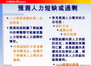 預測人力短缺或過剩 人力資源規劃的第一步為預測 。 預測係指試圖了解組織中的哪職類可能會面臨人力短缺或人力過剩的情形。 可透過統計分析或專家判斷為之。組織可了解歷來人力需求的趨勢。 常見預測人力需求的方法包括： 統計方法： 趨勢分析 領先指標 確認組織內部人力供給的狀況：各職類的現職同仁數，或是組織內具備特定技術的人數，都是預測未來人力供給的基礎資料。 人力變遷矩陣圖 McGraw-Hill © 2004 The McGraw-Hill Companies, Inc. All rights reserved. 