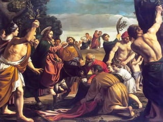 + Na 1ª PARTE, nos unimos ao Povo de Jerusalém,
  que aclama alegre e feliz: "Hosana ao Filho de Davi".
- O Povo estende seus mantos a Jesus que passa, montado

  num burrinho, e com entusiasmo o saúda com ramos nas mãos.
- Os fariseus reclamam dessa agitação "exagerada".
- E Jesus responde: "Se eles se calarem, as pedras gritarão..."
           É a entrada do "Príncipe da Paz", que esconde
               os trágicos acontecimentos da paixão.
+ A 2ª PARTE nos introduz na SEMANA SANTA.
 