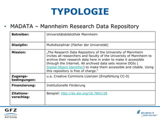 TYPOLOGIE
•  MADATA – Mannheim Research Data Repository
Betreiber: Universitätsbibliothek Mannheim
Disziplin: Multidiszipl...