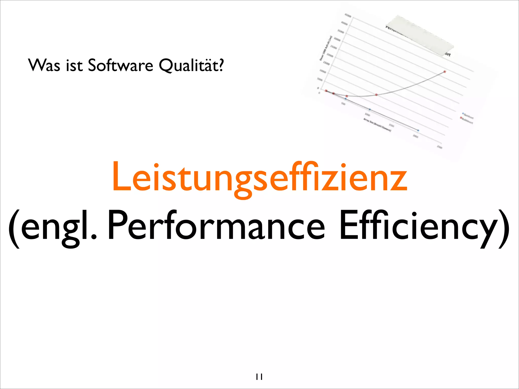 Leistungsefﬁzienz	

(engl. Performance Efﬁciency)
Was ist Software Qualität?
11
 