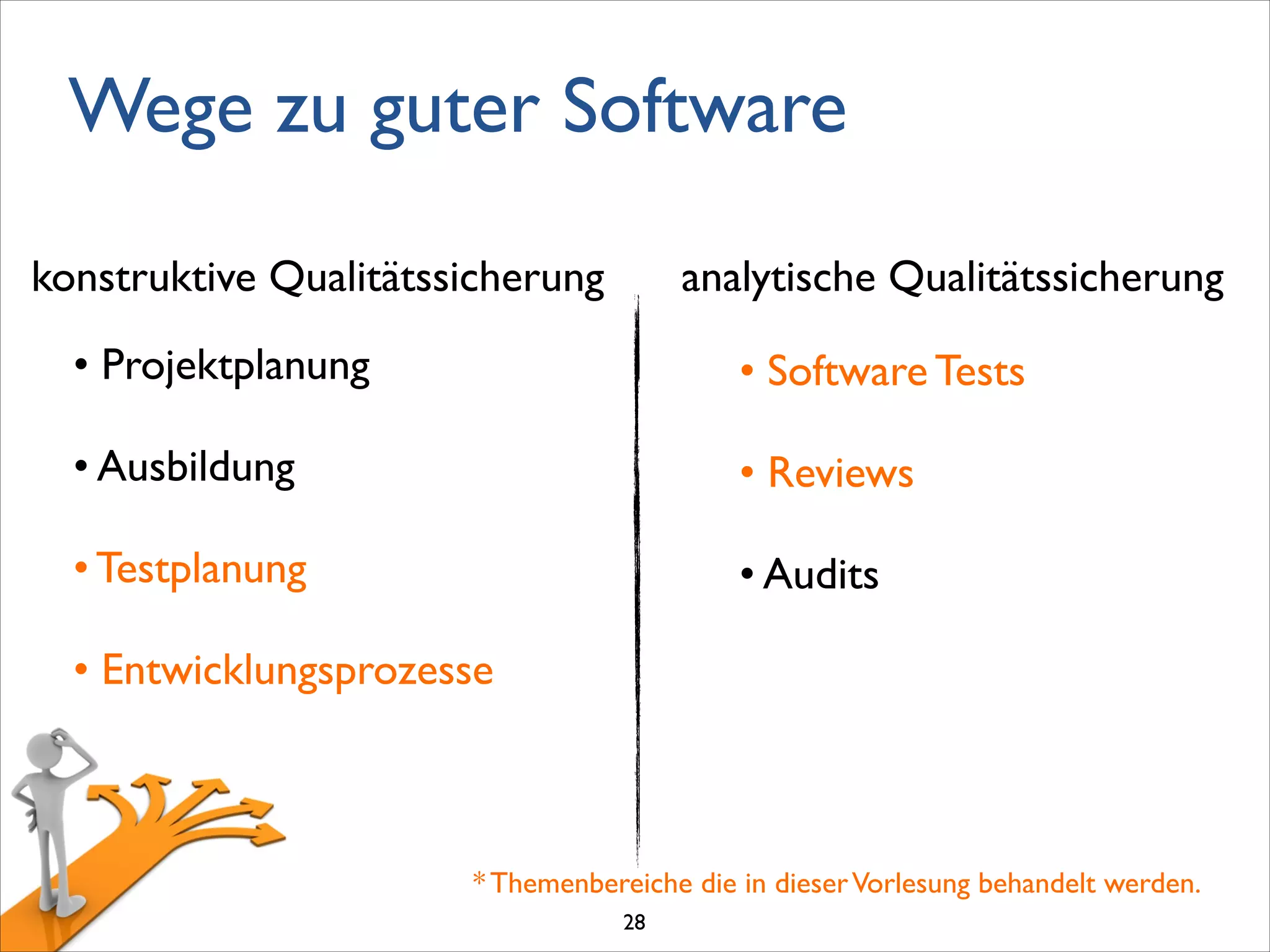 Wege zu guter Software
konstruktive Qualitätssicherung analytische Qualitätssicherung
• Software Tests	

!
• Reviews	

!
• Audits
• Projektplanung	

!
• Ausbildung	

!
• Testplanung	

!
• Entwicklungsprozesse
* Themenbereiche die in dieserVorlesung behandelt werden.
28
 