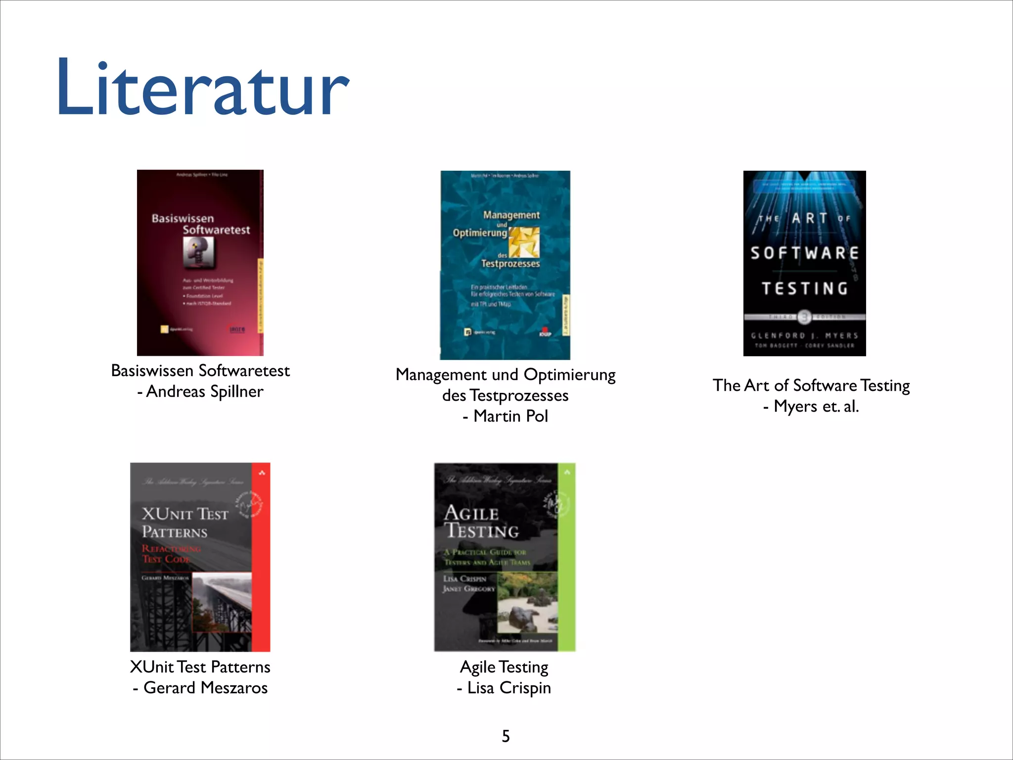 Literatur
Basiswissen Softwaretest	

- Andreas Spillner
Management und Optimierung  
des Testprozesses	

- Martin Pol
The Art of Software Testing	

- Myers et. al.
XUnit Test Patterns	

- Gerard Meszaros
Agile Testing	

- Lisa Crispin
5
 