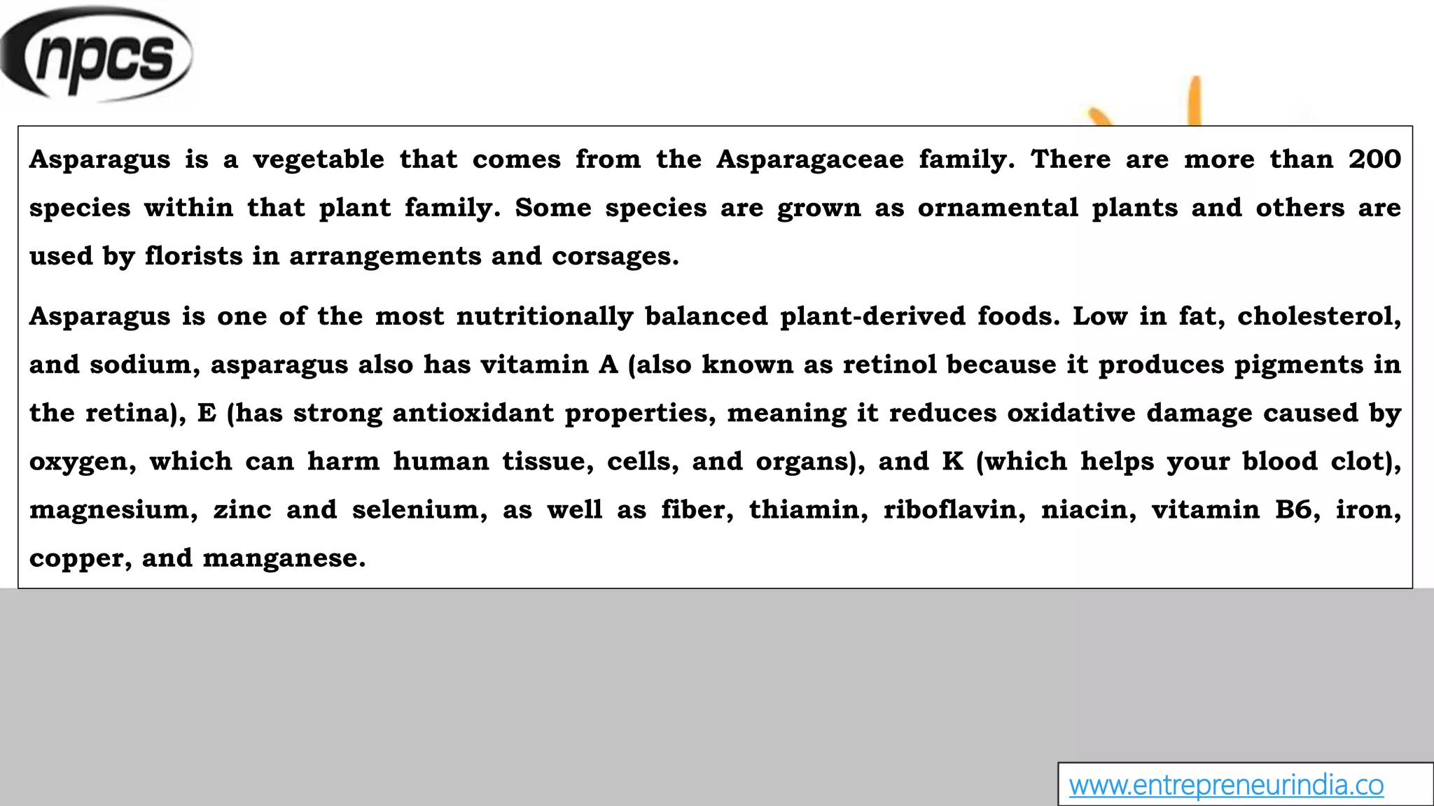 www.entrepreneurindia.co
Asparagus is a vegetable that comes from the Asparagaceae family. There are more than 200
species within that plant family. Some species are grown as ornamental plants and others are
used by florists in arrangements and corsages.
Asparagus is one of the most nutritionally balanced plant-derived foods. Low in fat, cholesterol,
and sodium, asparagus also has vitamin A (also known as retinol because it produces pigments in
the retina), E (has strong antioxidant properties, meaning it reduces oxidative damage caused by
oxygen, which can harm human tissue, cells, and organs), and K (which helps your blood clot),
magnesium, zinc and selenium, as well as fiber, thiamin, riboflavin, niacin, vitamin B6, iron,
copper, and manganese.
 