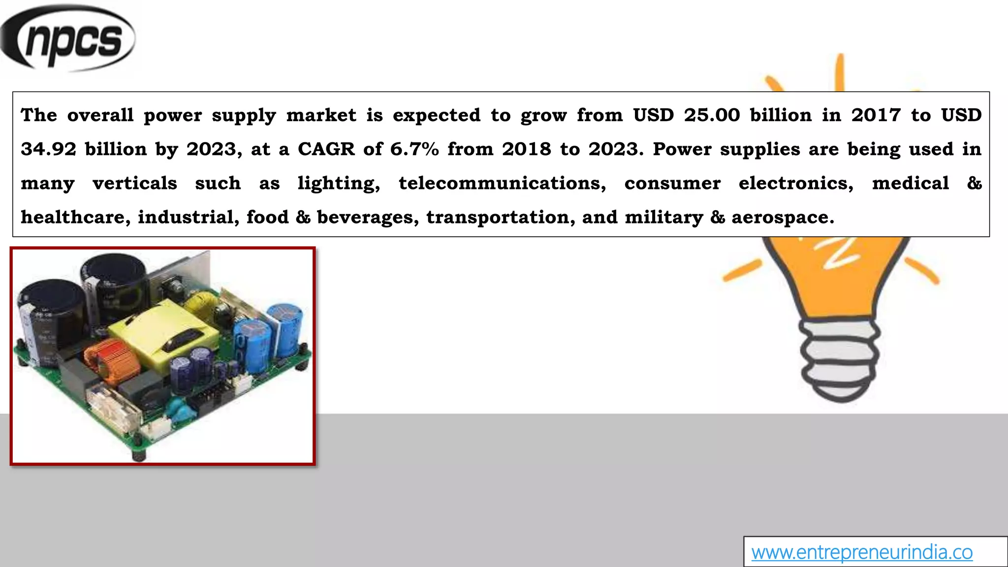 www.entrepreneurindia.co
The overall power supply market is expected to grow from USD 25.00 billion in 2017 to USD
34.92 billion by 2023, at a CAGR of 6.7% from 2018 to 2023. Power supplies are being used in
many verticals such as lighting, telecommunications, consumer electronics, medical &
healthcare, industrial, food & beverages, transportation, and military & aerospace.
 