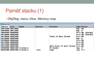 Paměť stacku (1)
• OllyDbg: menu View, Memory map
 