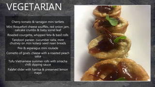VEGETARIAN
Cherry tomato & tarragon mini tartlets
Mini Roquefort cheese soufflés, red onion jam,
oatcake crumbs & baby sorrel leaf
Roasted courgette, whipped feta & basil rolls
Tandoori paneer, cucumber raita, mint
chutney on mini kolanji seed naan breads
Pea & asparagus mini roulade
Cornetto of goats cheese with a roasted peach
salsa
Tofu Vietnamese summer rolls with sriracha
chilli dipping sauce
Falafel slider with harrisa & preserved lemon
mayo
 