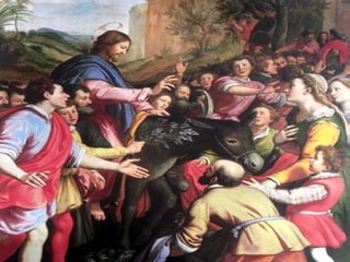 Celebramos hoje
              o
DOMINGO
    DE RAMOS.
     A Liturgia
 apresenta
  dois momentos
  bem distintos:
A ENTRADA
 DE JESUS
       EM
  JERUSALÉM,
  com a procissão
de Ramos...


num clima
    de alegria...
 como GESTO
 