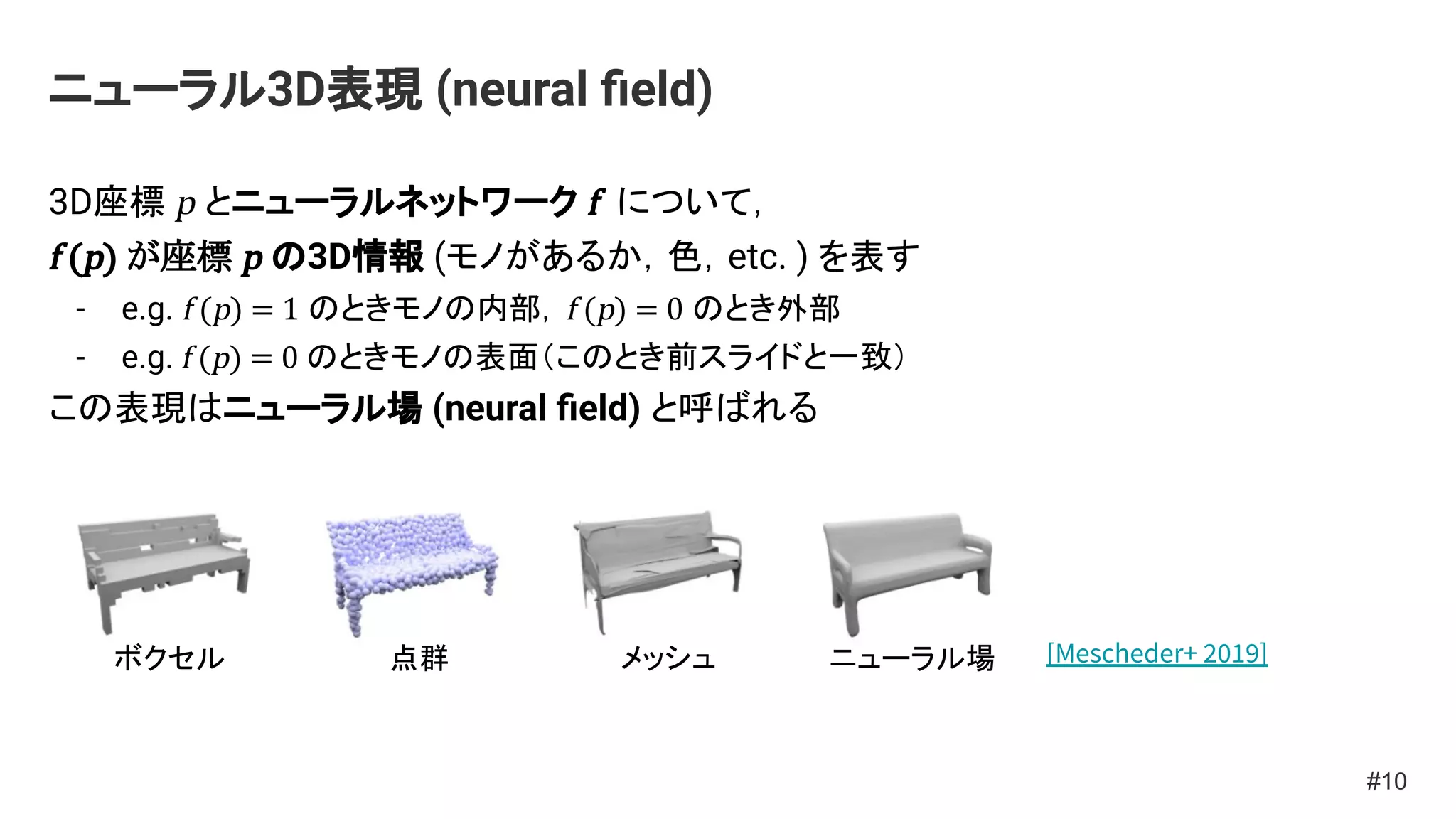 ニューラル3D表現 (neural ﬁeld)
3D座標 p とニューラルネットワーク f について，
f (p) が座標 p の3D情報 (モノがあるか，色，etc. ) を表す
- e.g. f (p) = 1 のときモノの内部，f (p) = 0 のとき外部
- e.g. f (p) = 0 のときモノの表面（このとき前スライドと一致）
この表現はニューラル場 (neural ﬁeld) と呼ばれる
#10
ボクセル 点群 メッシュ ニューラル場 [Mescheder+ 2019]
 