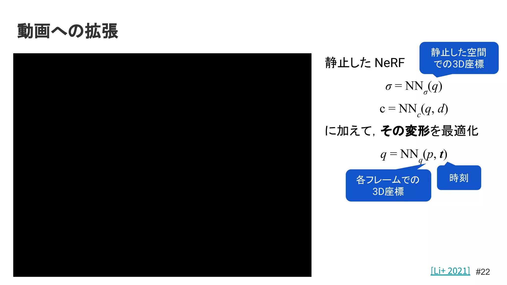 動画への拡張
#22
[Li+ 2021]
静止した NeRF
σ = NNσ
(q)
c = NNc
(q, d)
に加えて，その変形を最適化
q = NNq
(p, t)
各フレームでの
3D座標
時刻
静止した空間
での3D座標
 