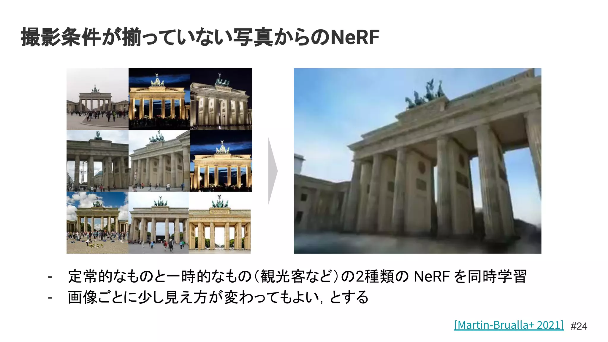 撮影条件が揃っていない写真からのNeRF
#24
[Martin-Brualla+ 2021]
- 定常的なものと一時的なもの（観光客など）の2種類の NeRF を同時学習
- 画像ごとに少し見え方が変わってもよい，とする
 