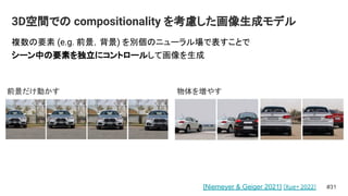 複数の要素 (e.g. 前景，背景) を別個のニューラル場で表すことで
シーン中の要素を独立にコントロールして画像を生成
3D空間での compositionality を考慮した画像生成モデル
#31
[Niemeyer & Geiger 2021] [Xue+ 2022]
前景だけ動かす 物体を増やす
 