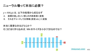 y = NN(p) は，以下の処理から成るはず
A. 座標の値 p をいい感じの内部表現に変換
B. それをデコードして3D情報 (密度 etc.) に変換
本当に重要なのはどちらか？
そこをうまく作り込めば，NN のサイズを小さくできるのでは？
ニューラル場って本当に必要？
#35
[Mildenhall+ 2020]
 