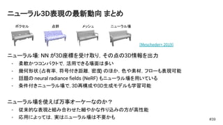ニューラル3D表現の最新動向 まとめ
#39
ニューラル場: NN が3D座標を受け取り，その点の3D情報を出力
- 柔軟かつコンパクトで，活用できる場面は多い
- 幾何形状 (占有率，符号付き距離，密度) のほか，色や素材，フローも表現可能
- 話題の neural radiance ﬁelds (NeRF) もニューラル場を用いている
- 条件付きニューラル場で，3D再構成や3D生成モデルも学習可能
ニューラル場を使えば万事オーケーなのか？
- 従来的な表現と組み合わせた細やかな作り込みの方が高性能
- 応用によっては，実はニューラル場は不要かも
ボクセル 点群 メッシュ ニューラル場
[Mescheder+ 2019]
 