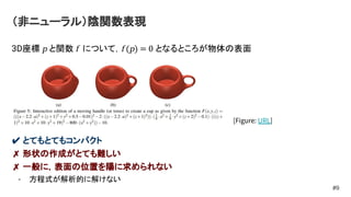 （非ニューラル）陰関数表現
3D座標 p と関数 f について，f (p) = 0 となるところが物体の表面
✔ とてもとてもコンパクト
✗ 形状の作成がとても難しい
✗ 一般に，表面の位置を陽に求められない
- 方程式が解析的に解けない
#9
[Figure: URL]
 