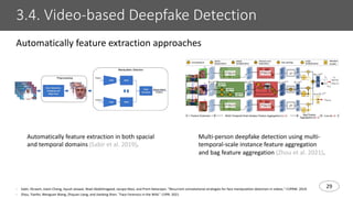 29
3.4. Video-based Deepfake Detection
- Sabir, Ekraam, Jiaxin Cheng, Ayush Jaiswal, Wael AbdAlmageed, Iacopo Masi, and Prem Natarajan. "Recurrent convolutional strategies for face manipulation detection in videos." CVPRW. 2019.
- Zhou, Tianfei, Wenguan Wang, Zhiyuan Liang, and Jianbing Shen. "Face Forensics in the Wild." CVPR. 2021.
Automatically feature extraction approaches
Multi-person deepfake detection using multi-
temporal-scale instance feature aggregation
and bag feature aggregation (Zhou et al. 2021).
Automatically feature extraction in both spacial
and temporal domains (Sabir et al. 2019).
 