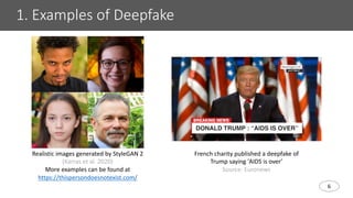 6
1. Examples of Deepfake
Realistic images generated by StyleGAN 2
(Karras et al. 2020)
More examples can be found at
https://thispersondoesnotexist.com/
French charity published a deepfake of
Trump saying 'AIDS is over’
Source: Euronews
 
