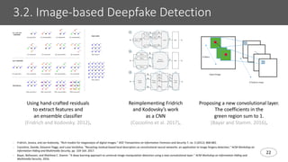 22
3.2. Image-based Deepfake Detection
Using hand-crafted residuals
to extract features and
an ensemble classifier
(Fridri...