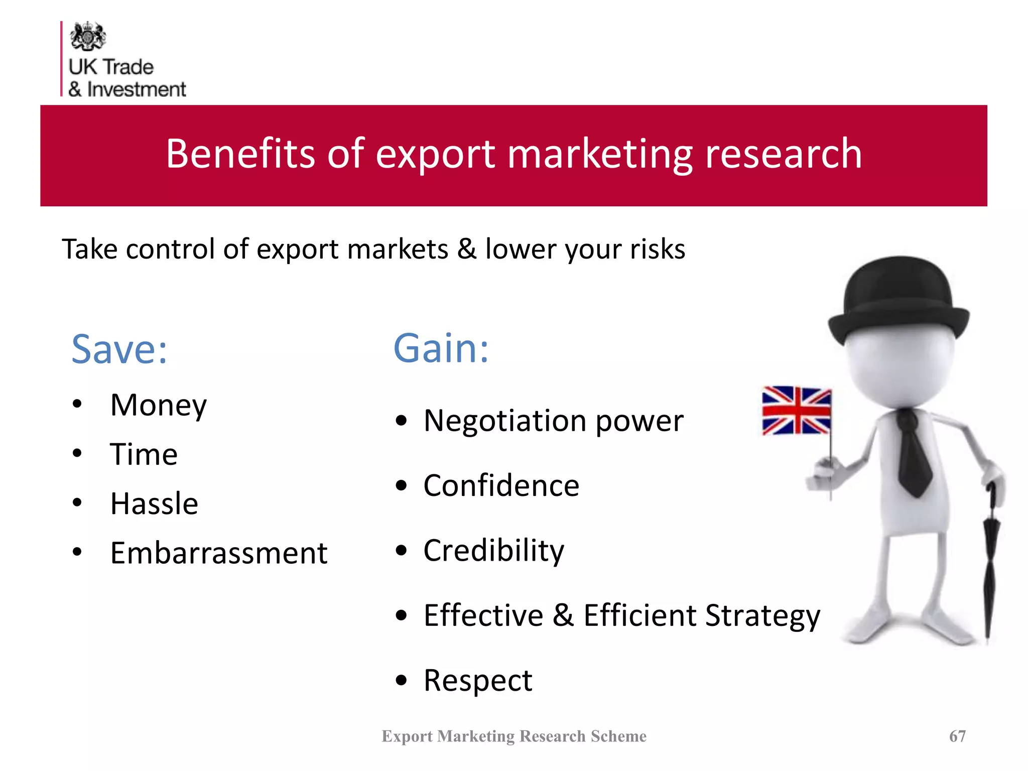 Benefits of export marketing research
Save:
• Money
• Time
• Hassle
• Embarrassment
Export Marketing Research Scheme 67
Gain:
• Negotiation power
• Confidence
• Credibility
• Effective & Efficient Strategy
• Respect
Take control of export markets & lower your risks
 
