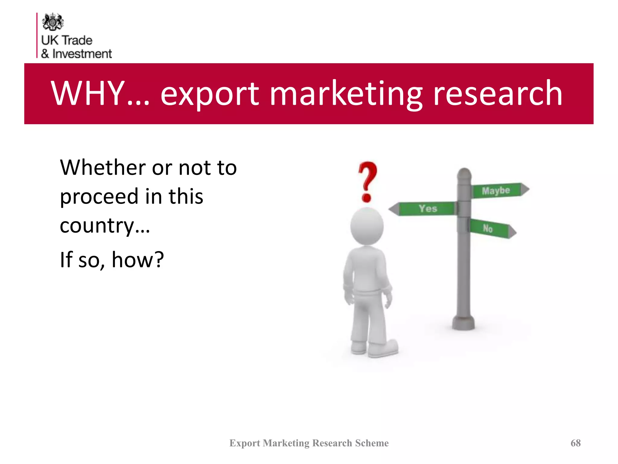 WHY… export marketing research
Whether or not to
proceed in this
country…
If so, how?
Export Marketing Research Scheme 68
 