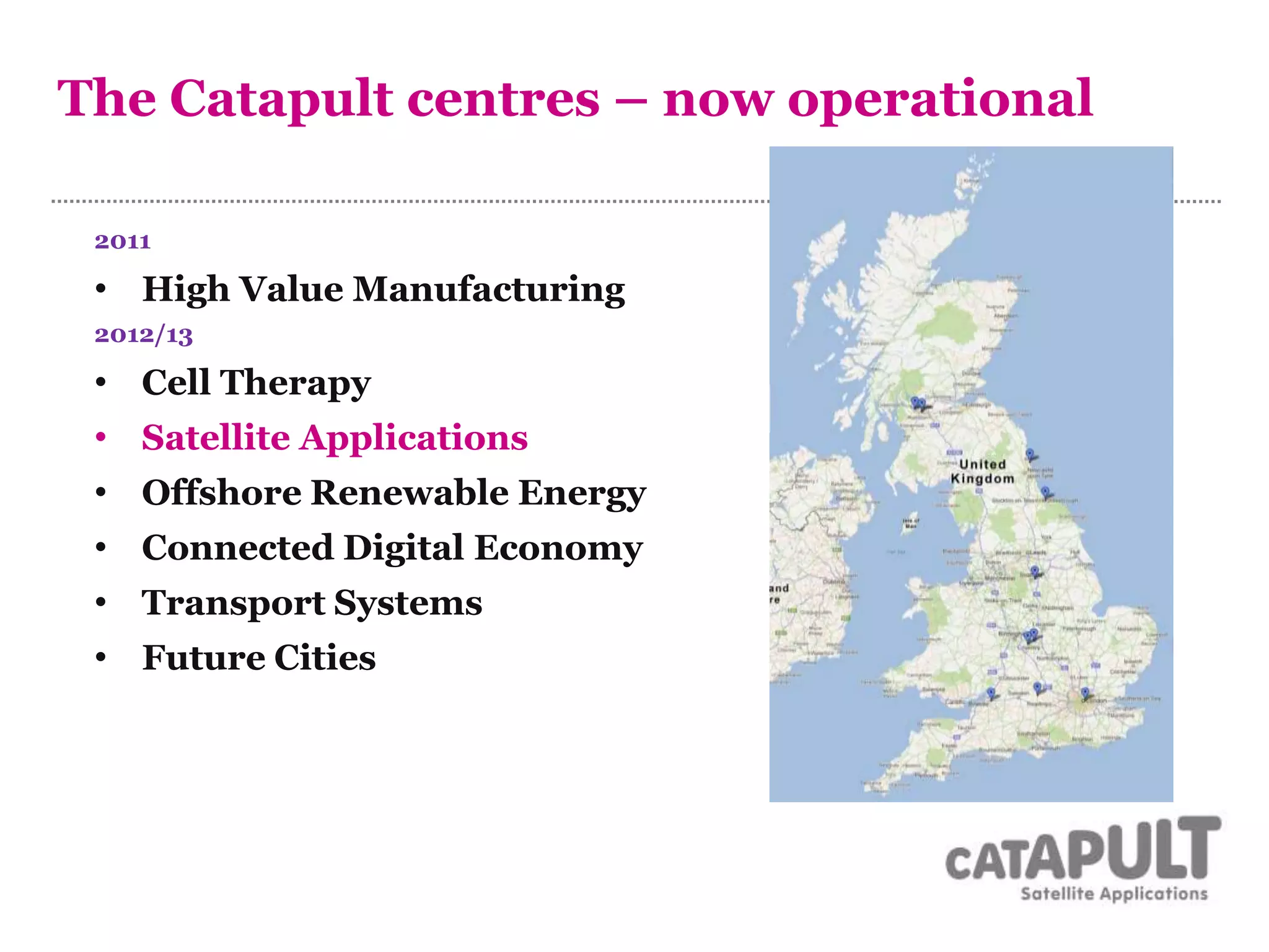 The Catapult centres – now operational
2011
• High Value Manufacturing
2012/13
• Cell Therapy
• Satellite Applications
• Offshore Renewable Energy
• Connected Digital Economy
• Transport Systems
• Future Cities
 