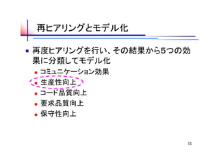 再ヒアリングとモデル化

再度ヒアリングを行い、その結果から５つの効
果に分類してモデル化
   コミュニケーション効果
   生産性向上
   コード品質向上
   要求品質向上
   保守性向上


                    11
 
