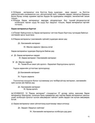 4.18.Бараа материалыг олж бэлтгэх буюу худалдан авах зардал нь бэлтгэн
нийлүүлэгчийн нэхэмжилсэн үнэ, үйлчилгээний хөлс, тээврийн зардал, импортын барааны
болон бусад татвар хураамж зэргээс бүрдэх ба худалдааны хямдрал, хөнгөлөлтийг хасаж
тооцно.
4.19Хэрэв бараа материалыг өөрсдөө үйлдвэрлэдэг бол түүнийг үйлдвэрлэхтэй
    холбогдож гарсан шууд ба шууд бус зардлыг тооцож, бараа материалын өртгийг
    тогтооно.

Бараа матөриалын бүртгэл

4.20Төсөвт байгууллага нь бараа материалыг нягтлан бодох бүртгэлд тусгахдаа байнгын
системийн аргыг ашиглана.

4.21Бараа материалыг (хангамжийн зүйлийг) худалдан авсан үед:

       Дт. Хангамжийн материал

             Кт. Мөнгөн хөрөнгө / Дансны өглөг

Бараа материалыг худалдан борлуулж байгаа үед:

а/ Дт. Бараа материалын зардал
         Кт. Бараа материал / Хангамжийн материал

 б/ Дт. Мөнгөн хөрөнгө
       Кт. Төсөвт/б-ын ажил үйл.орлого - бараа/мат борлуулсаны орлого

  Үндсэн хөрөнгийн устгалтаас орлогодоход:

       Дт.Хангамжийн материал

       Кт. Үндсэн хөрөнгө

  Тооллогоор илүүдсэн болон тусламжаар үнэ төлбөргүйгээр материал, хангамжийн
зүйл хүлээн авч байгаа үед:

       Дт. Хангамжийн материал
             Кт. Бусад орлого

(в) УСНББОУС 12 "Бараа материал" стандартын 37 дугаар зүйлд зааснаар бараа
материалыг борлуулах, солилцох буюу хуваарилах үед тэдгээр бараа материалын дансны
үнийг холбогдох орлогыг хүлээн зөвшөөрсөн тайлант үеийн зардал гэж хүлээн зөвшөөрөх
ёстой.

(г) Бараа материалыг ажил үйлчилгээнд ашиглахаар тавьж олгоход:

       Дт. Зардал /Зардлын зүйлээр/
                    Кт. Хангамжийн материалын холбогдох дэд данс

                                                                                  15
 