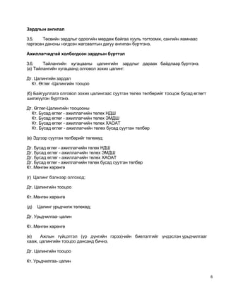 Зардлын ангилал

3.5.   Төсвийн зардлыг одоогийн мөрдөж байгаа хууль тогтоомж, сангийн яамнаас
гаргасан дансны нэгдсэн жагсаалтын дагуу ангилан бүртгэнэ.

Ажиллагчидтай холбогдсон зардлын бүрттэл

3.6.    Тайлангийн хугацааны цалингийн зардлыг дараах байдлаар бүртгэнэ.
(а) Тайлангийн хугацаанд олговол зохих цалинг:

Дт. Цалингийн зардал
  Кт. Өглөг -Цалингийн тооцоо

(б) Байгууллага олговол зохих цалингаас суутган төлөх төлбөрийг тооцож бусад өглөгт
шилжүүлэн бүртгэнэ.

Дт. Өглөг-Цалингийн тооцооны
  Кт. Бусад өглөг - ажиллагчийн төлөх НДШ
  Кт. Бусад өглөг - ажиллагчийн төлөх ЭМДШ
  Кт. Бусад өглөг - ажиллагчийн төлөх ХАОАТ
  Кт. Бусад өглөг - ажиллагчийн төлөх бусад суутган төлбөр

(в) Эдгээр суутган төлбөрийг төлөхөд;

Дт. Бусад өглөг - ажиллагчийн төлөх НДШ
Дт. Бусад өглөг - ажиллагчийн төлөх ЭМДШ
Дт. Бусад өглөг - ажиллагчийн төлөх ХАОАТ
Дт. Бусад өглөг - ажиллагчийн төлөх бусад суутган төлбөр
Кт. Мөнгөн хөрөнгө

(г) Цалинг бэлнээр олгоход;

Дт. Цалингийн тооцоо

Кт. Мөнгөн хөрөнгө

(д)   Цалинг урьдчилж төлөхөд;

Дт. Урьдчилгаа- цалин

Кт. Мөнгөн хөрөнгө

(е)   Ажлын гүйцэтгэл (үр дүнгийн гэрээ)-ийн биелэлтийг үндэслэн урьдчилгааг
хааж, цалингийн тооцоо дансанд бичнэ.

Дт. Цалингийн тооцоо

Кт. Урьдчилгаа- цалин


                                                                                      6
 