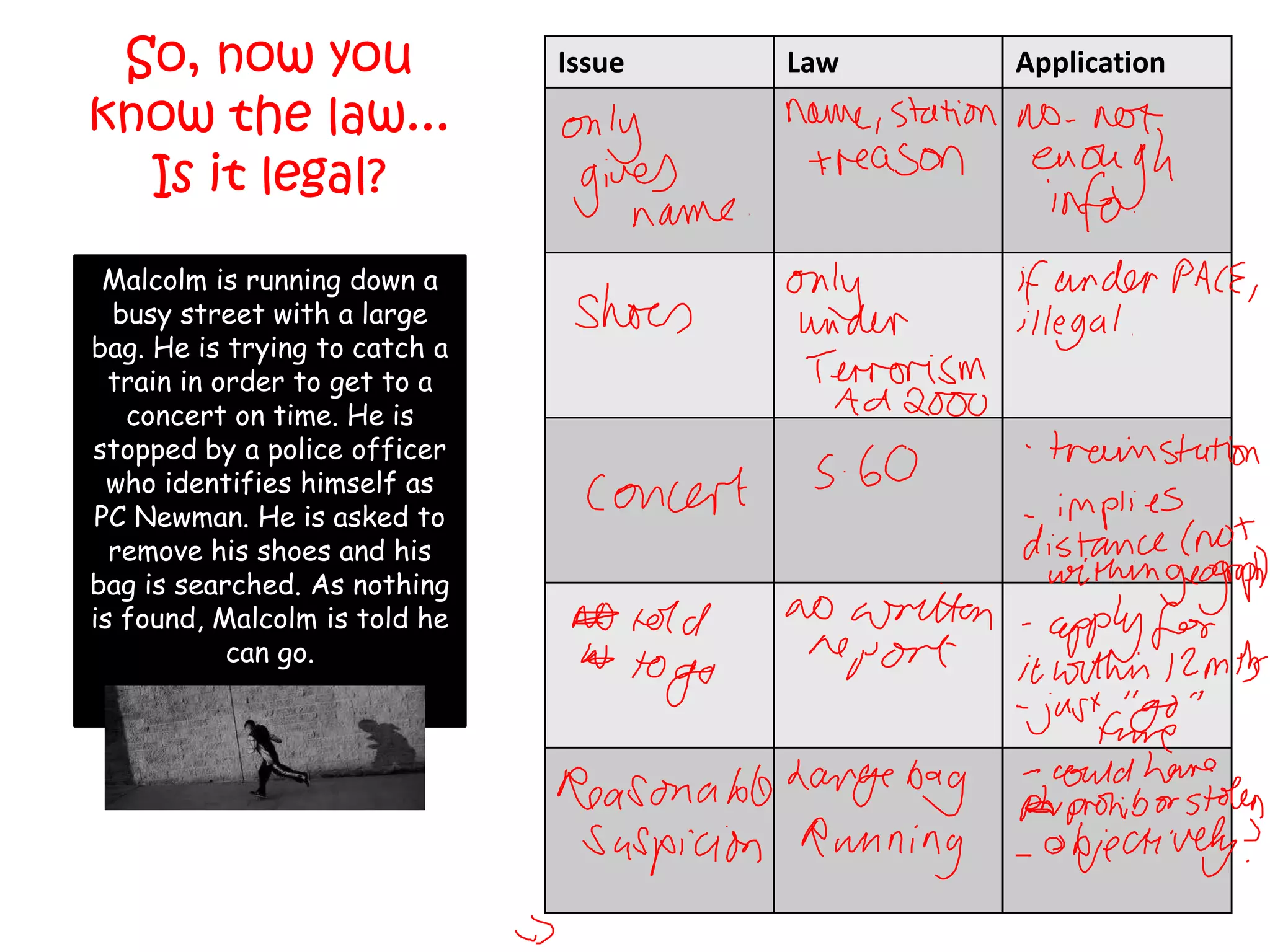 So, now you                   Issue   Law   Application
know the law...
  Is it legal?
 Malcolm is running down a
  busy street with a large
bag. He is trying to catch a
  train in order to get to a
   concert on time. He is
stopped by a police officer
  who identifies himself as
PC Newman. He is asked to
  remove his shoes and his
bag is searched. As nothing
is found, Malcolm is told he
            can go.
 