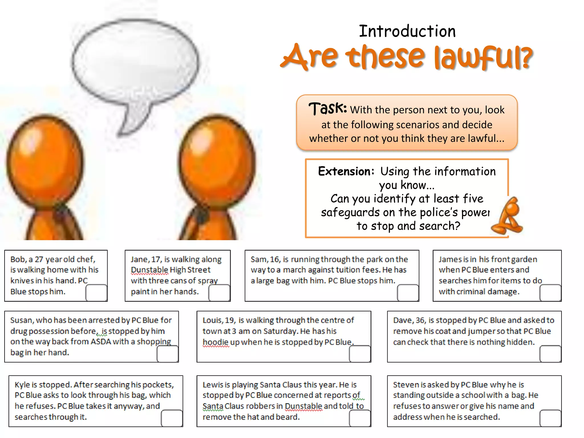 Introduction
Are these lawful?
 Task: With the person next to you, look
   at the following scenarios and decide
 whether or not you think they are lawful...

  Extension: Using the information
             you know...
    Can you identify at least five
  safeguards on the police’s power
         to stop and search?
 