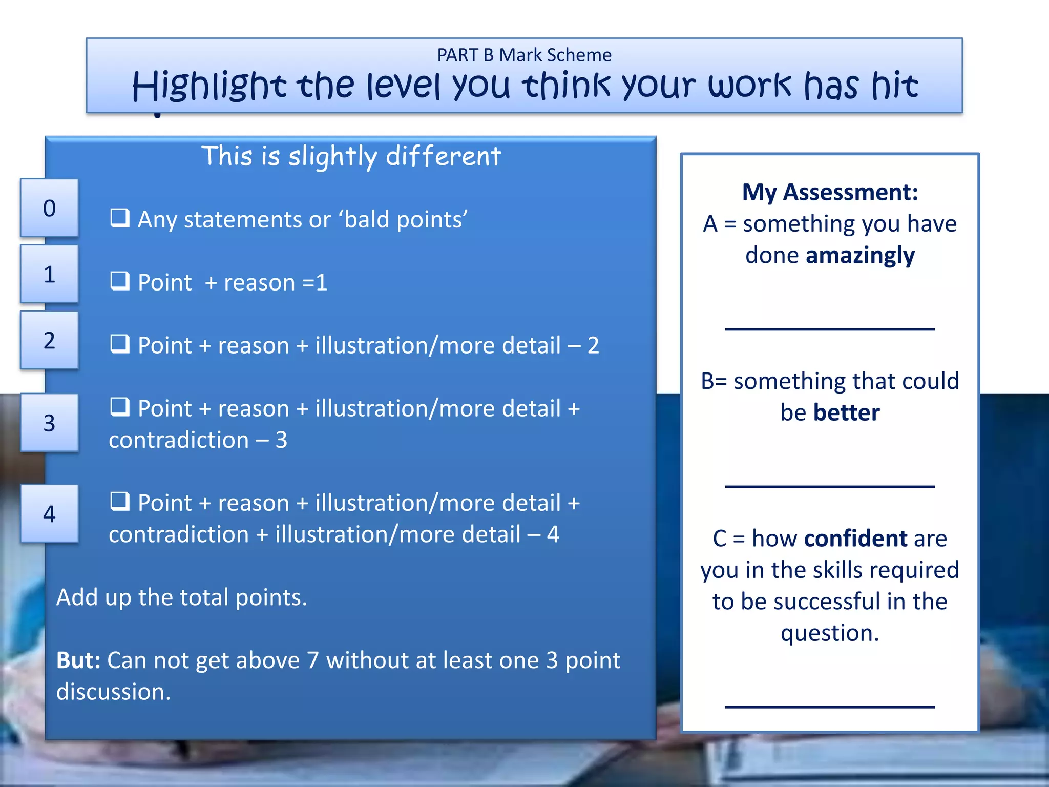 Swap and try to mark it!
                                   PART B Mark Scheme
       Highlight the level you think your work has hit
             This is slightly different
                                                            My Assessment:
0    Any statements or ‘bald points’                   A = something you have
                                                            done amazingly
1    Point + reason =1

2    Point + reason + illustration/more detail – 2
                                                        B= something that could
     Point + reason + illustration/more detail +             be better
3
    contradiction – 3

4    Point + reason + illustration/more detail +
    contradiction + illustration/more detail – 4         C = how confident are
                                                        you in the skills required
Add up the total points.                                 to be successful in the
                                                                question.
But: Can not get above 7 without at least one 3 point
discussion.
 