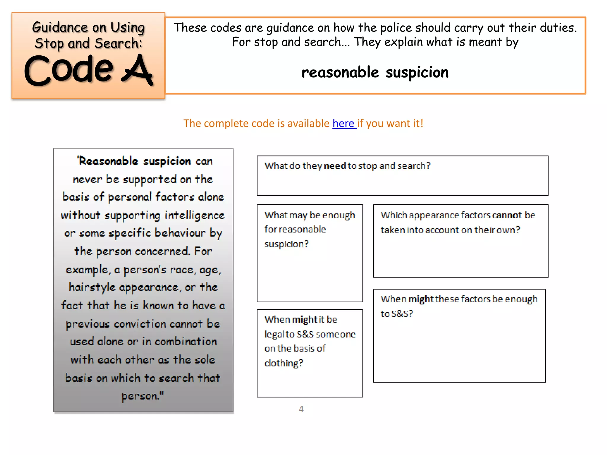 Guidance on Using   These codes are guidance on how the police should carry out their duties.
Stop and Search:             For stop and search... They explain what is meant by


Code A                                        reasonable suspicion


                     The complete code is available here if you want it!
 