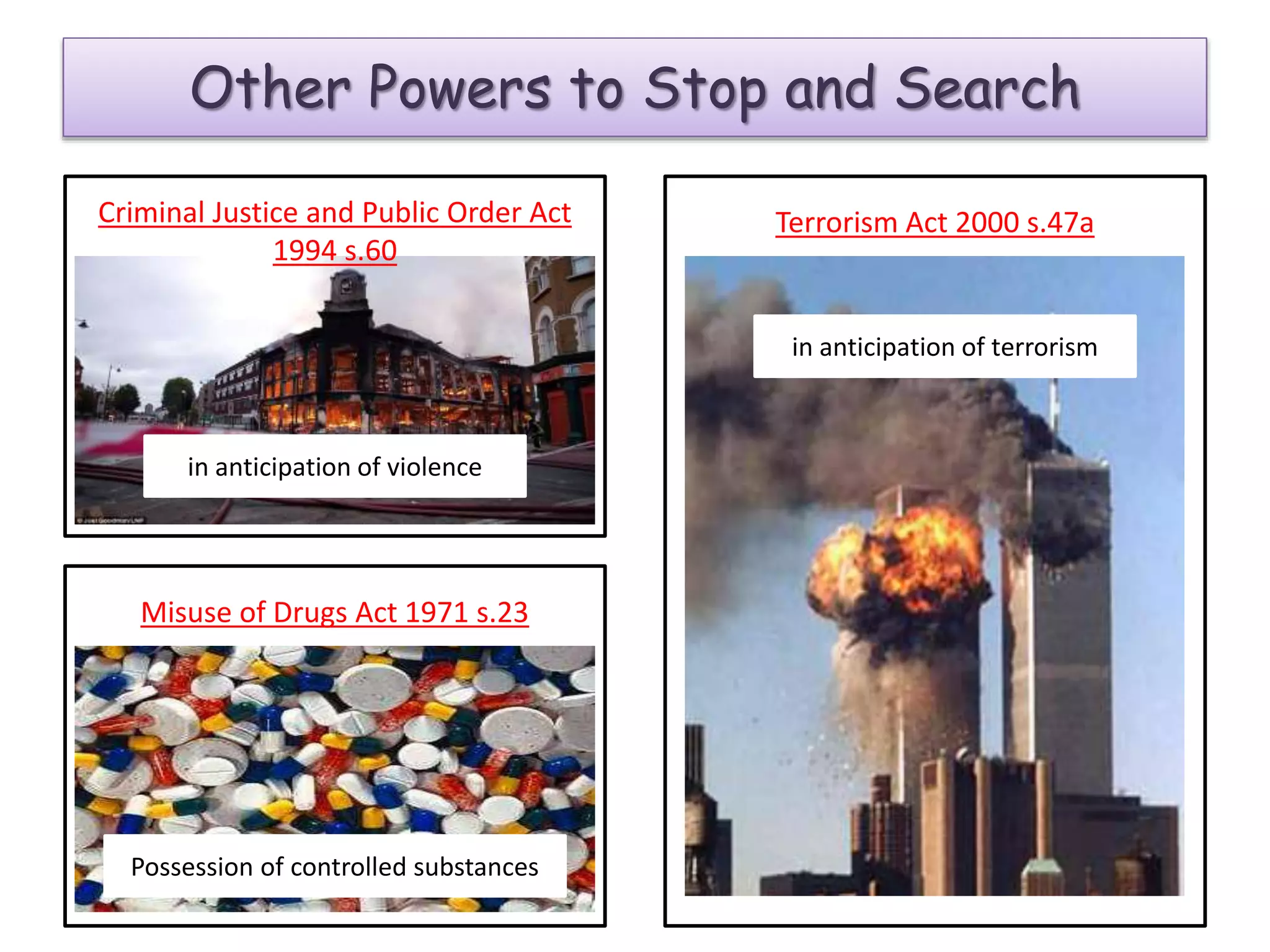 Other Powers to Stop and Search
Criminal Justice and Public Order Act
1994 s.60
in anticipation of violence
Misuse of Drugs Act 1971 s.23
Possession of controlled substances
Terrorism Act 2000 s.47a
in anticipation of terrorism
 