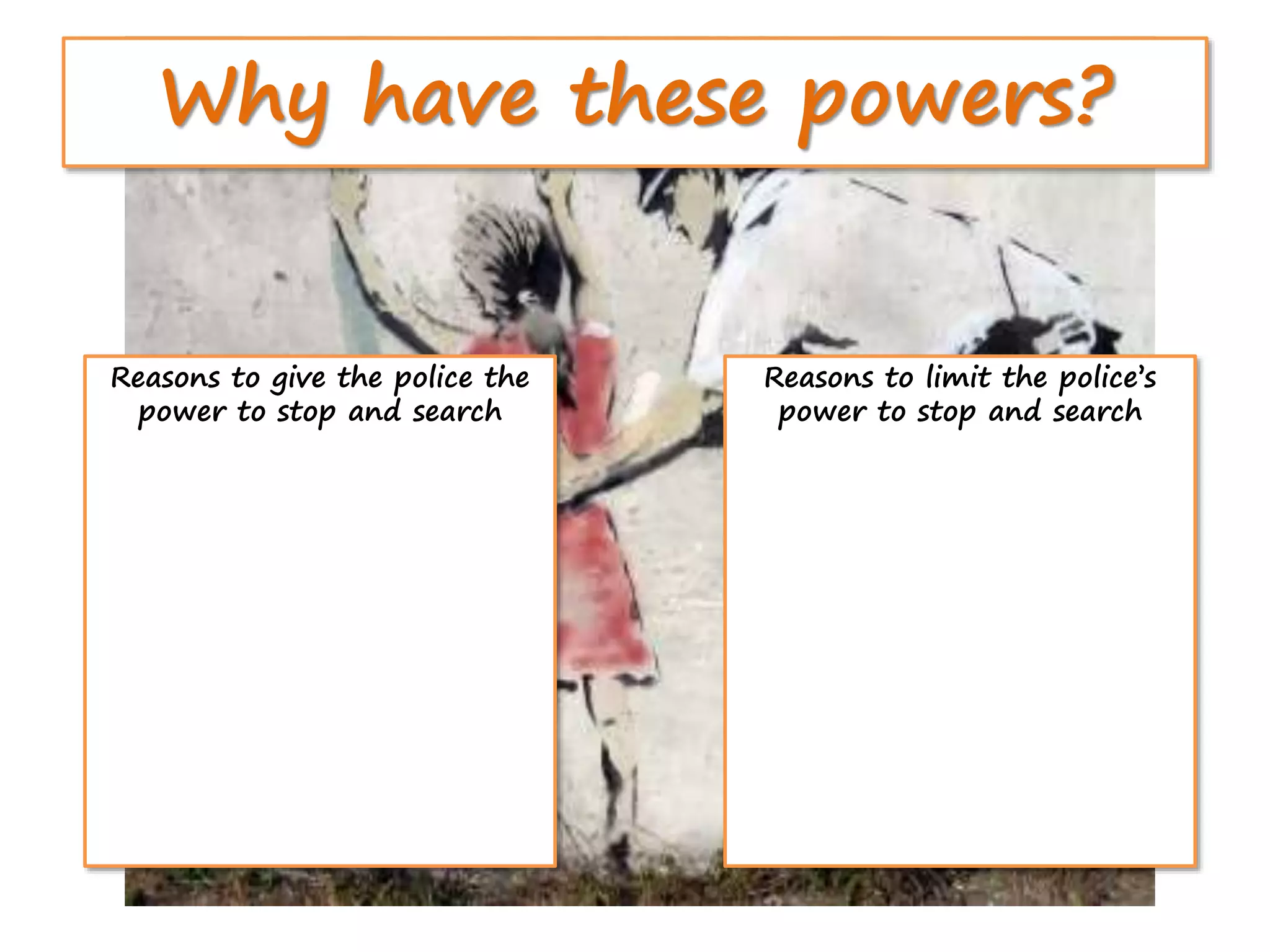 Why have these powers?
Reasons to give the police the
power to stop and search
Reasons to limit the police’s
power to stop and search
 