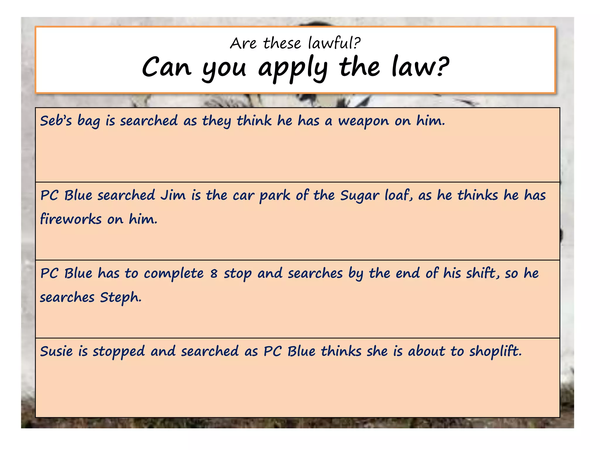Are these lawful?
Can you apply the law?
Seb’s bag is searched as they think he has a weapon on him.
PC Blue searched Jim is the car park of the Sugar loaf, as he thinks he has
fireworks on him.
PC Blue has to complete 8 stop and searches by the end of his shift, so he
searches Steph.
Susie is stopped and searched as PC Blue thinks she is about to shoplift.
 