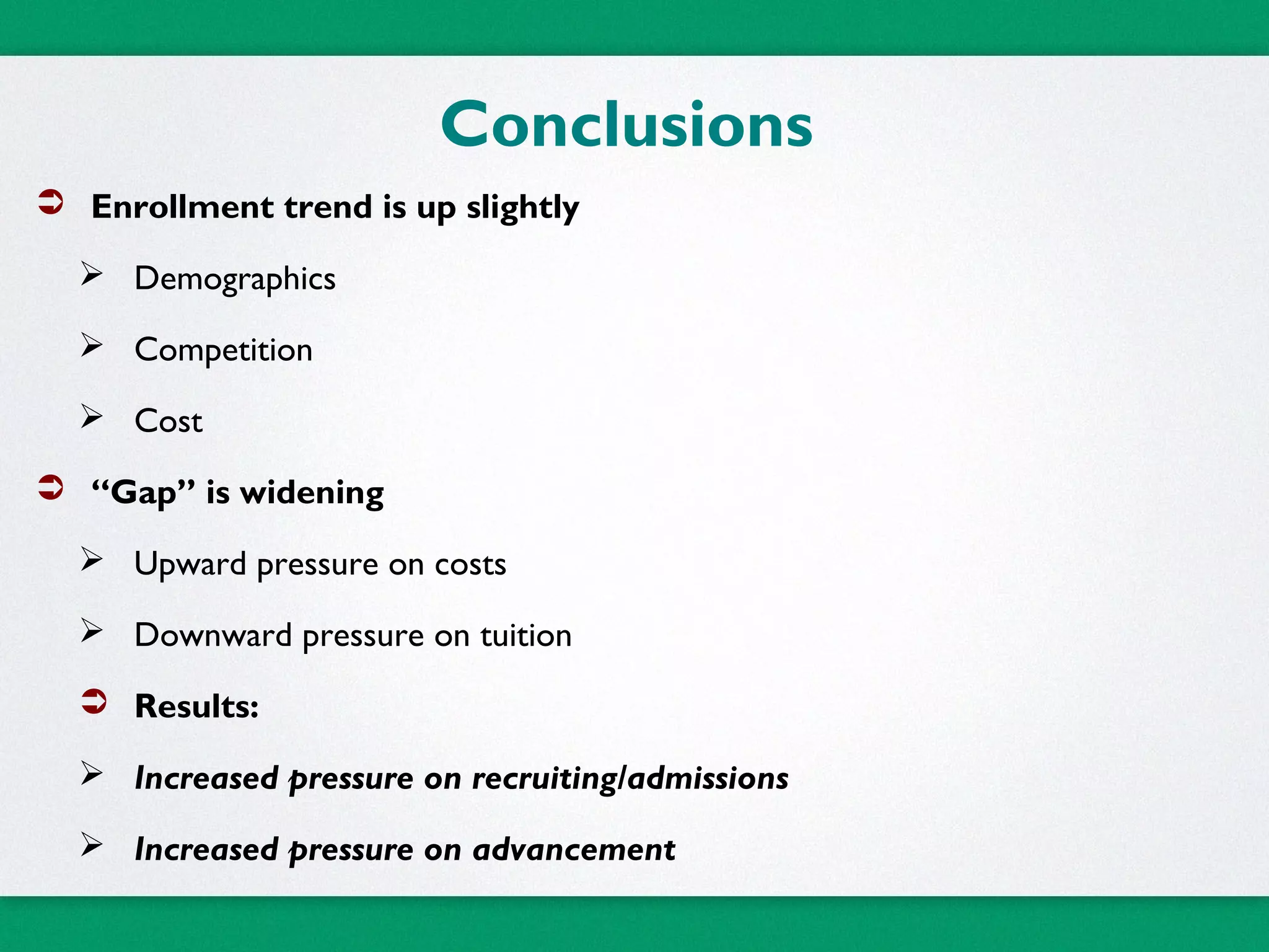 Conclusions
 Enrollment trend is up slightly
 Demographics
 Competition
 Cost
 “Gap” is widening
 Upward pressure on costs
 Downward pressure on tuition
 Results:
 Increased pressure on recruiting/admissions
 Increased pressure on advancement
 