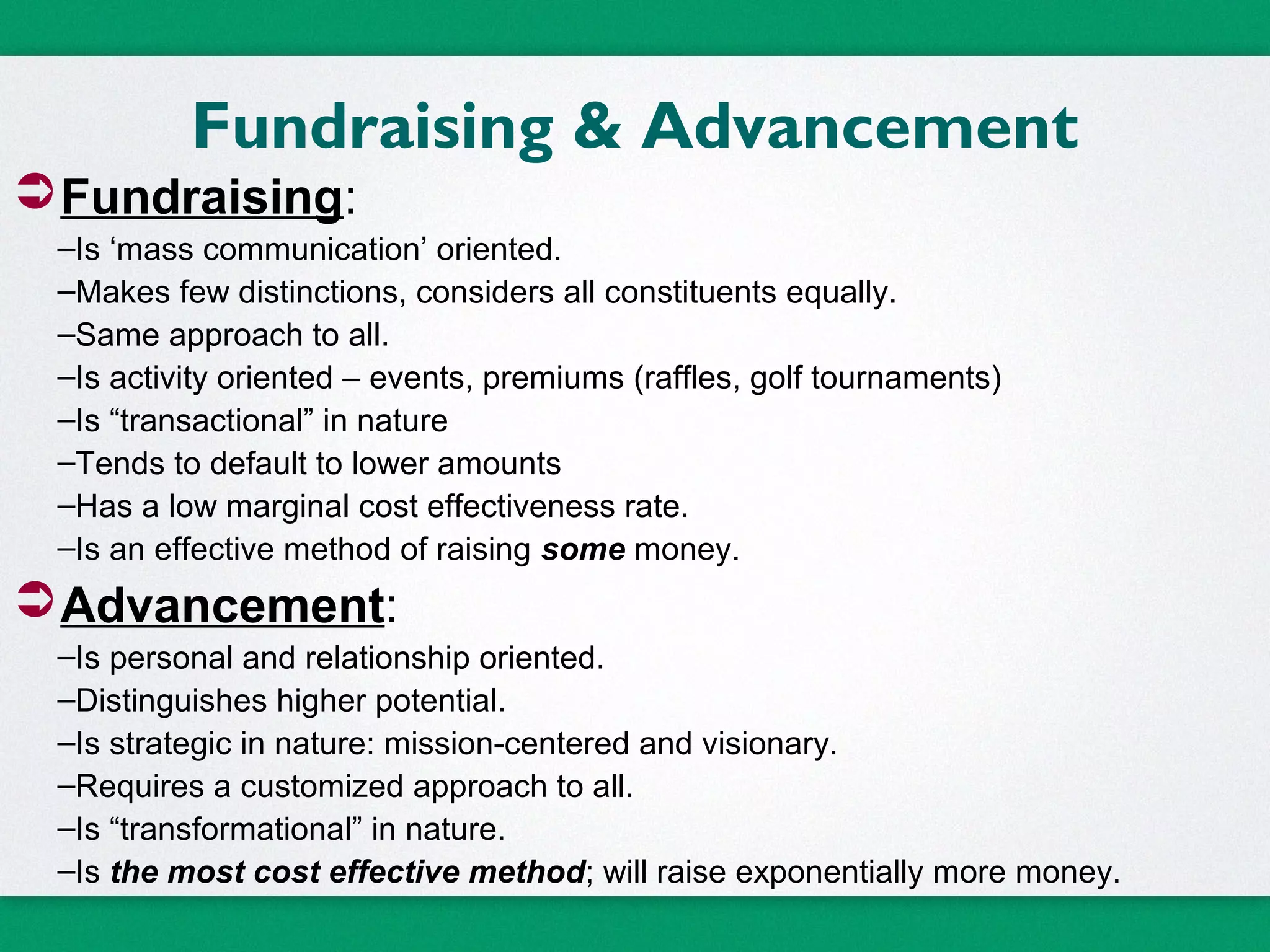 Fundraising & Advancement
Fundraising:
–Is ‘mass communication’ oriented.
–Makes few distinctions, considers all constituents equally.
–Same approach to all.
–Is activity oriented – events, premiums (raffles, golf tournaments)
–Is “transactional” in nature
–Tends to default to lower amounts
–Has a low marginal cost effectiveness rate.
–Is an effective method of raising some money.
Advancement:
–Is personal and relationship oriented.
–Distinguishes higher potential.
–Is strategic in nature: mission-centered and visionary.
–Requires a customized approach to all.
–Is “transformational” in nature.
–Is the most cost effective method; will raise exponentially more money.
 